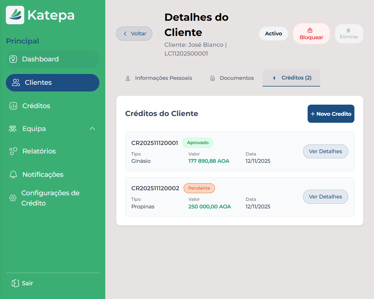 Créditos do cliente